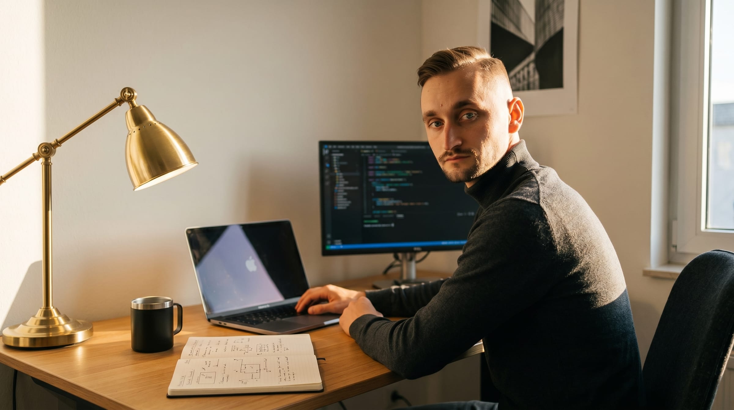 Bartus Norbert a munkahelyén — MacBook Pro M4, jegyzetfüzet, külső monitor