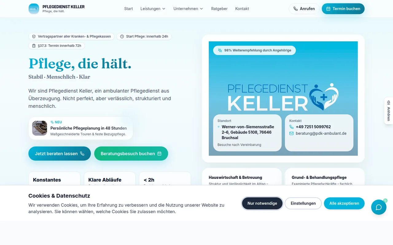 PDK Ambulant — Ambulanter Pflegedienst-Site mit Online-Pflegeanfrage, Karriere-Portal und KI-Chatbot.